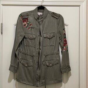 Knox Rose Green Utility Jacket with Red Floral Embroidery